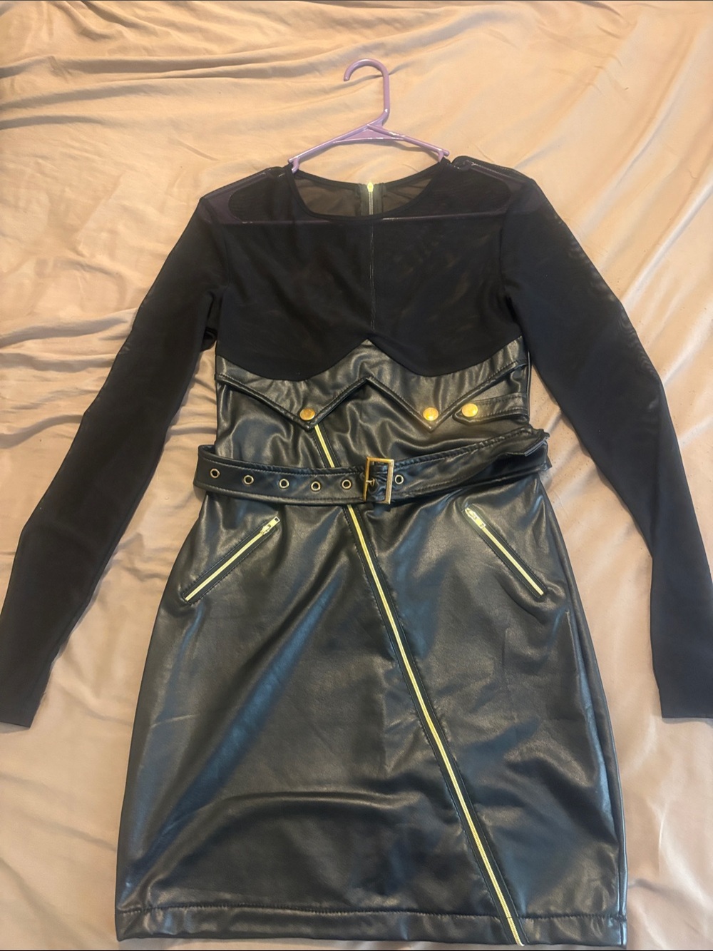 Black Long-Sleeve Faux Leather Mini Dress with Belt and Mesh Yoke never worn